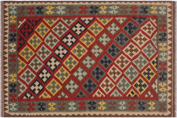 Flat Weave Kilim, Antique, Navaho, Vintage, Handmade, Geometric Kilim Red Brown Hand-Woven Rectangle 100% Wool Area Rug 4 x 5